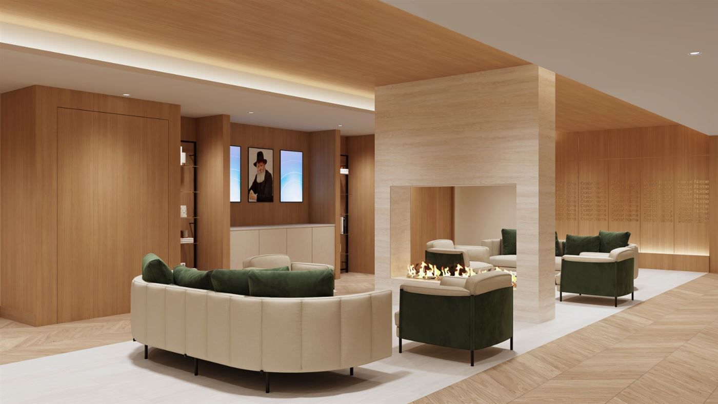 Architect's rendering of the event lobby and lounge, with fireplace and donor wall