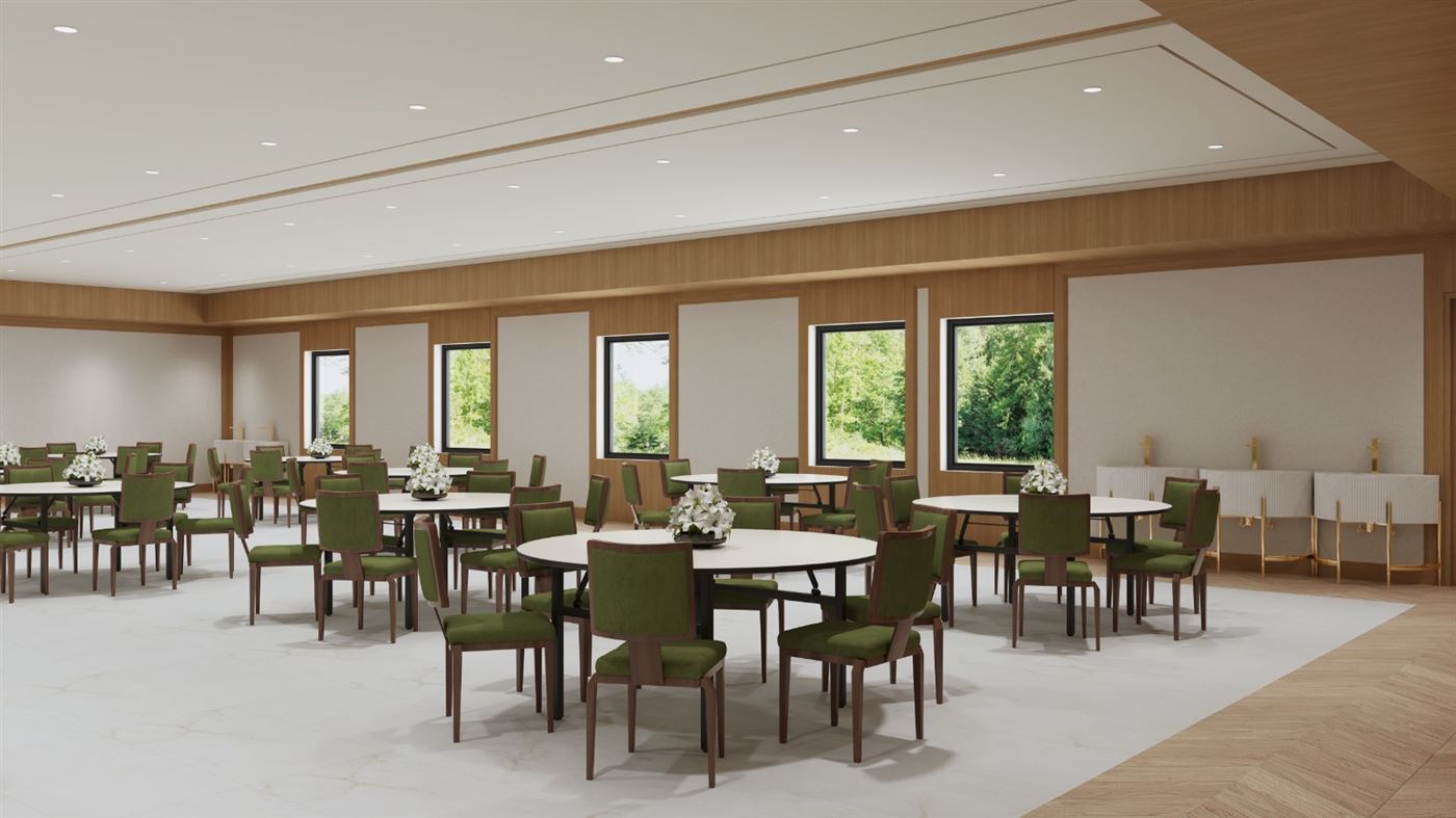 Architect's rendering of the social hall set for a kiddush, with buffet stations